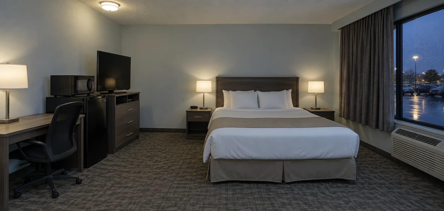 Illustration of a standard hotel room with a bed, mini fridge and microwave